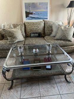 2 piece beige cream Damask couch set