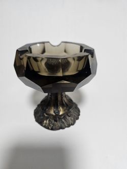 Smoked Glass Ashtray on Ornate Metal Pedestal