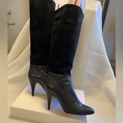 Vintage 1980s Casadei black leather and suede heeled boots set gem detailing size 6