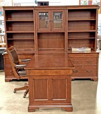 Modular Wood Office Bookshelves with Partner Desk and Leather Chair