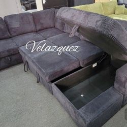 ✅️✅️4 pc black chenille fabric upholstered sectional sofa with USB pop up sleeper storage chaise✅️