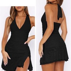 (New w/ tags) Open Back Halter Bodycon MiniDress (M) | Side Slit, Mesh Hem