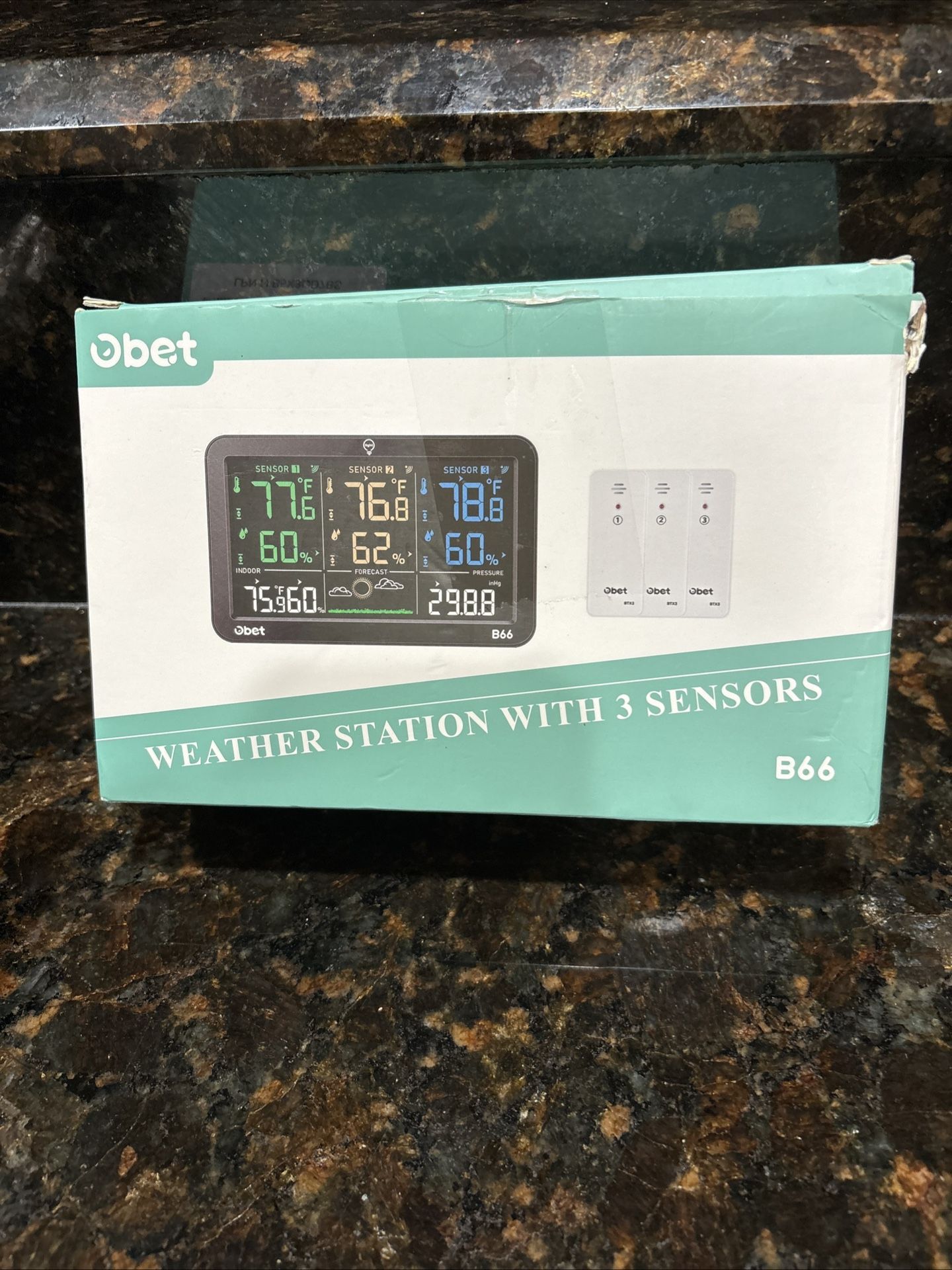 OBET weather station wireless indoor outdoor thermostat with 3 sensors . humidity monitor with alerts 500 ft range