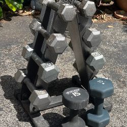 SET OF DUMBBELLS WITH PYRAMID RACK (PAIRS OF) :  5s   8s. 10s. 12s. 15s 