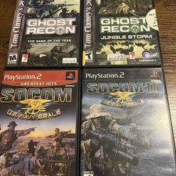 Lot Of 4 PS2 Video Games Socom 1 & 2-Ghost Recon & GR Jungle Storm. Complete W/M