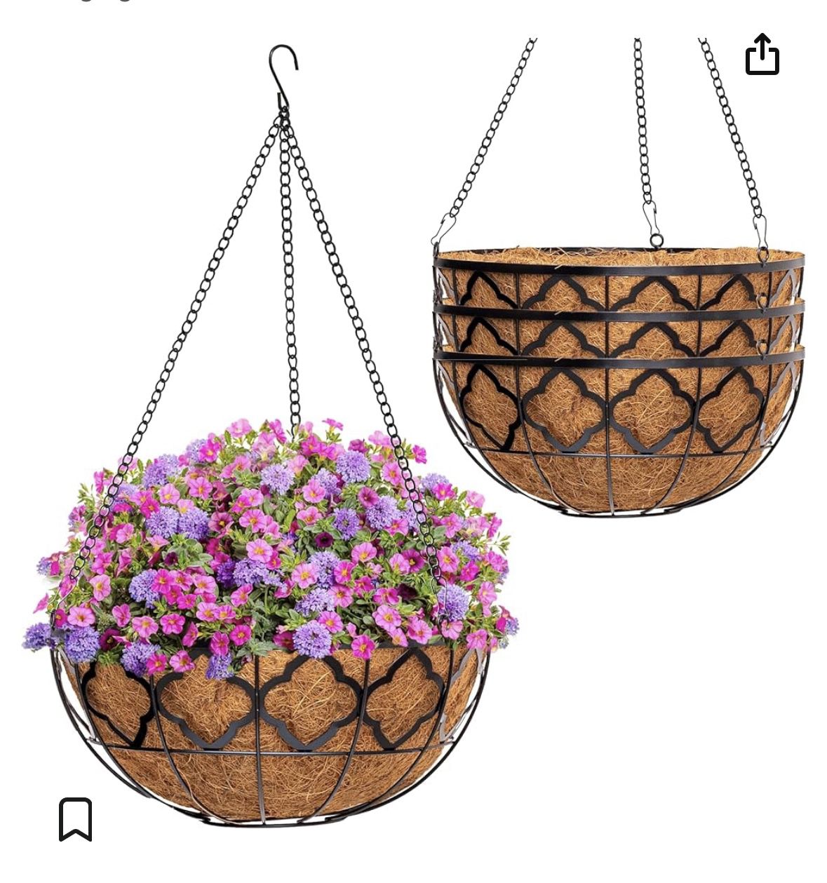 Y&M 4 Packs 16 Inch Hanging Planter Basket with Coco Liner, 16" Metal Round Wire Plant Holder with Chain for Porch Decor Planter Pot Hanger Garden Ind