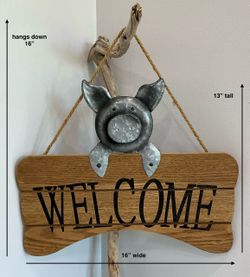 Rustic Wood Hanging “Welcome” Sign on Rope with Attached Silver Metal Pig