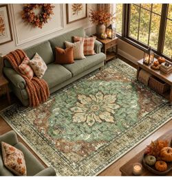 RELEANY Washable Area Rug, 5'x7', Brick/Brown/Green Non-Slip, Water Repellent, Pet Friendly, Easy to Clean, Vintage Floral Boho Decor for Living Room