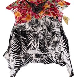 One World Blouse Women 2X Floral Short Sleeves Embroidered Pink Black Stretchy