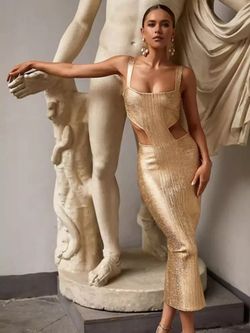 Elegant Dress Gold Golden Woman Women Bodycon Bandage Club Party Cut Split Dress