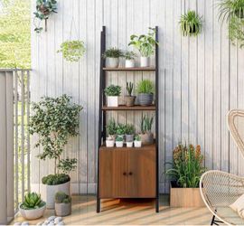 4-Tier Ladder Shelf with Cabinet, 63” Tall Bookshelf, Industrial Bookcase with Metal Frame, Floor Display Shelf Storage Rack for Living Room Study Hom