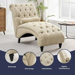 Chaise Lounge Indoor, Lounge Chair with Wood Legs, Leisure Accent Chair, Upholstered Lounge Couch for Bedrooom/Living Room, Beige