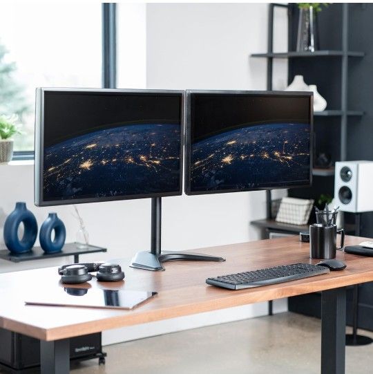 VIVO STAND-V002F Dual LED LCD Monitor Free-Standing Desk Stand for 2 Screens up to 27 Inch Heavy-Duty Fully Adjustable Arms with Max VESA 100x100mm