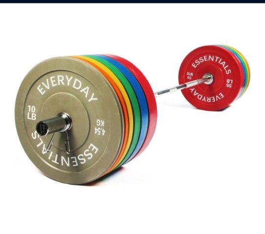 415 Lbs! Color Bumper Weight Plate + 7FT Olympic Barbell