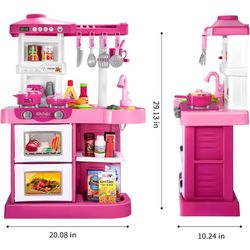 TEMI Play Kitchen Playset Pretend Food - Pieces Pink Kitchen Toys for Toddlers, Toy Accessories Toddler Set with Sound and Light, Toddler  P