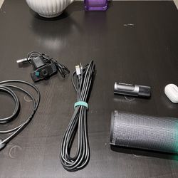 Random tech - bluetooth speaker, wireless earbuds, webcam, keyboard 