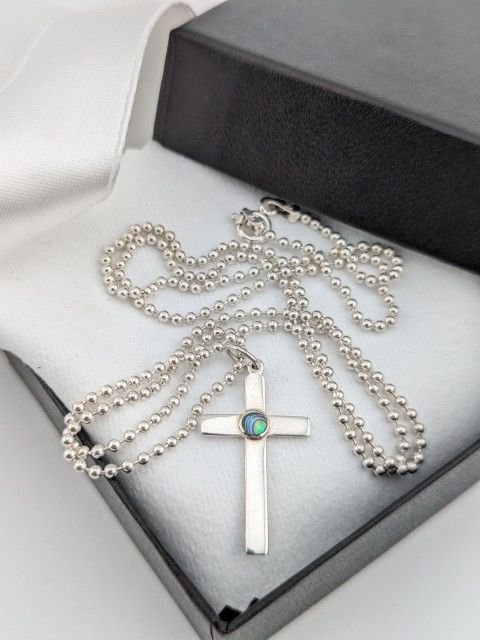 24" Abalone accent Cross Necklace Made from Premium Sterling Silver 925