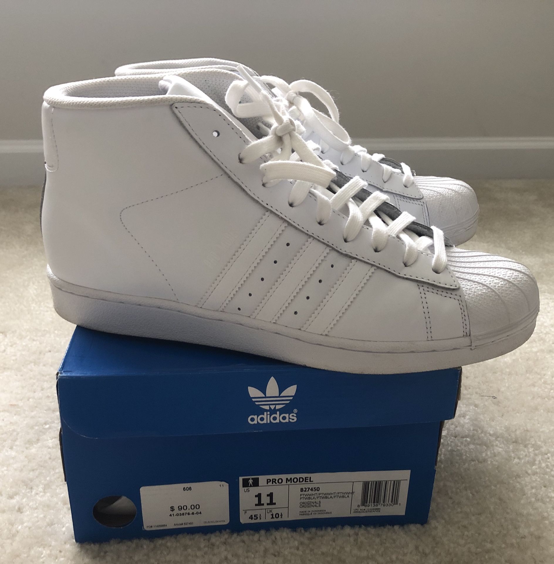 Adidas Pro Model Originals Men’s White Size 11 High-Top Shell Toe Sneakers