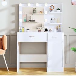 Makeup Vanity Desk with Mirror and Lights, 34.28"×15.76"×54.57" Storage Shelves.white
