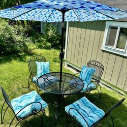 Wrought Iron Woodard Set, 36” Diameter Table, New Cushions, Pillows And Umbrella