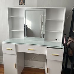 White Vanity with sliding mirror