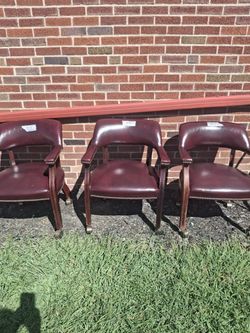 Set of 3 Burgundy Leather Office Chairs on Casters