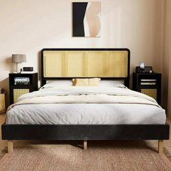 Queen Bed Frame with Adjustable Rattan Headboard, Boho Platform Bed Frame with Sturdy Slats Support, No Box Spring Needed, Black