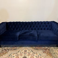 Navy Blue Velvet Chesterfield Sofa - 84" - Excellent Condition