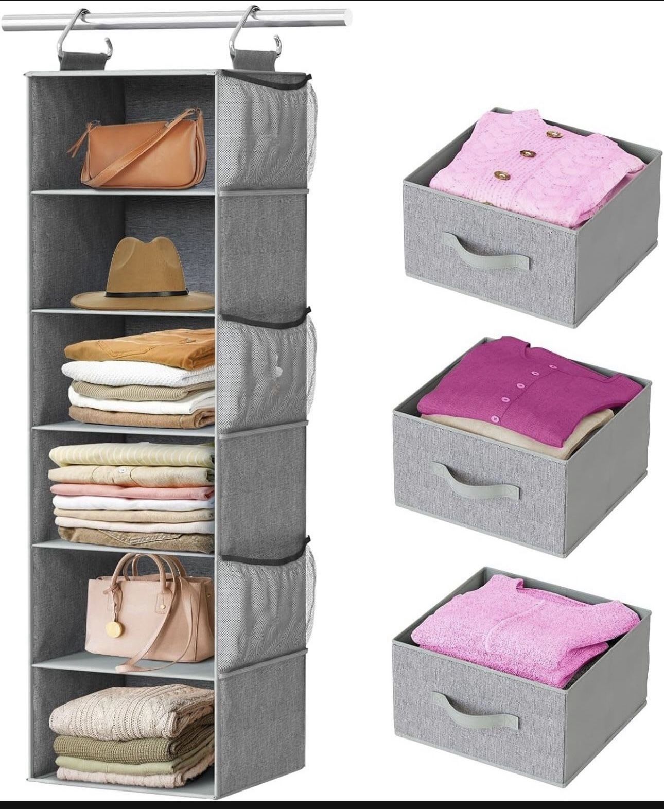 Hanging Closet Organizer 6-Shelf, Hanging Shelves for Closet with 3 Removable Drawers & Side Pockets, Hanging Shelf Organizer for Bedroom or Garment R