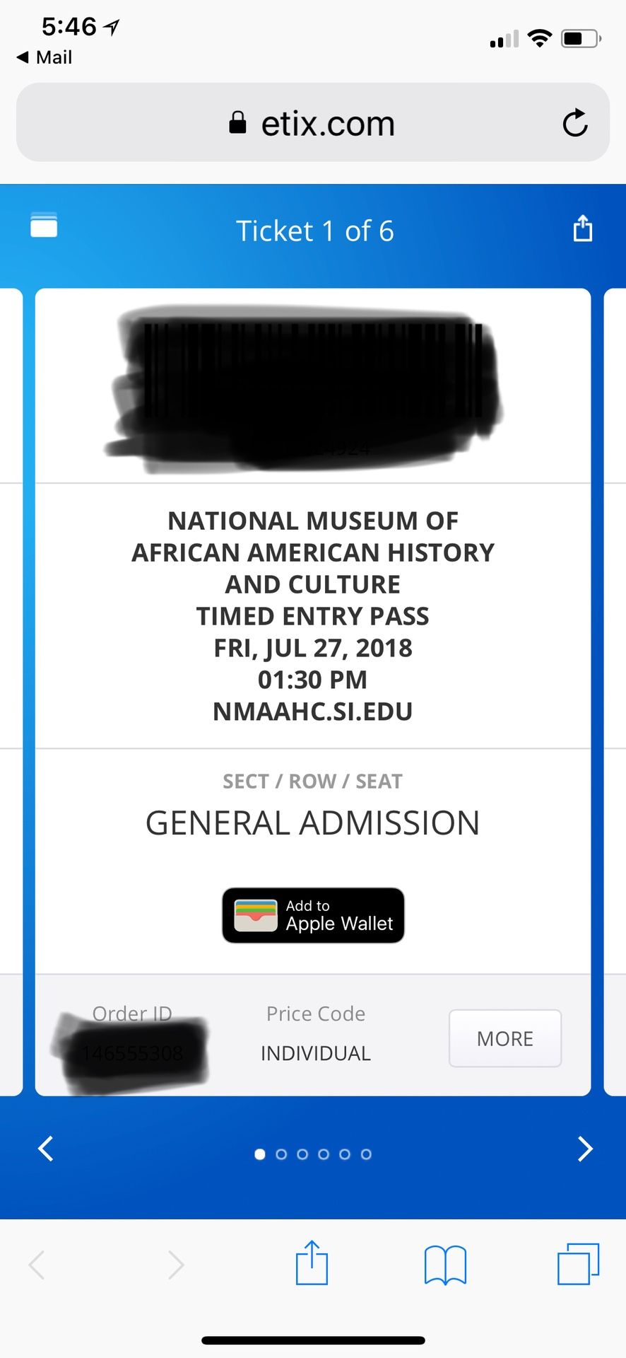 6 TICKETS TO MUSEUM OF AFRICAN AMERICAN HISTORY & CULTURE
