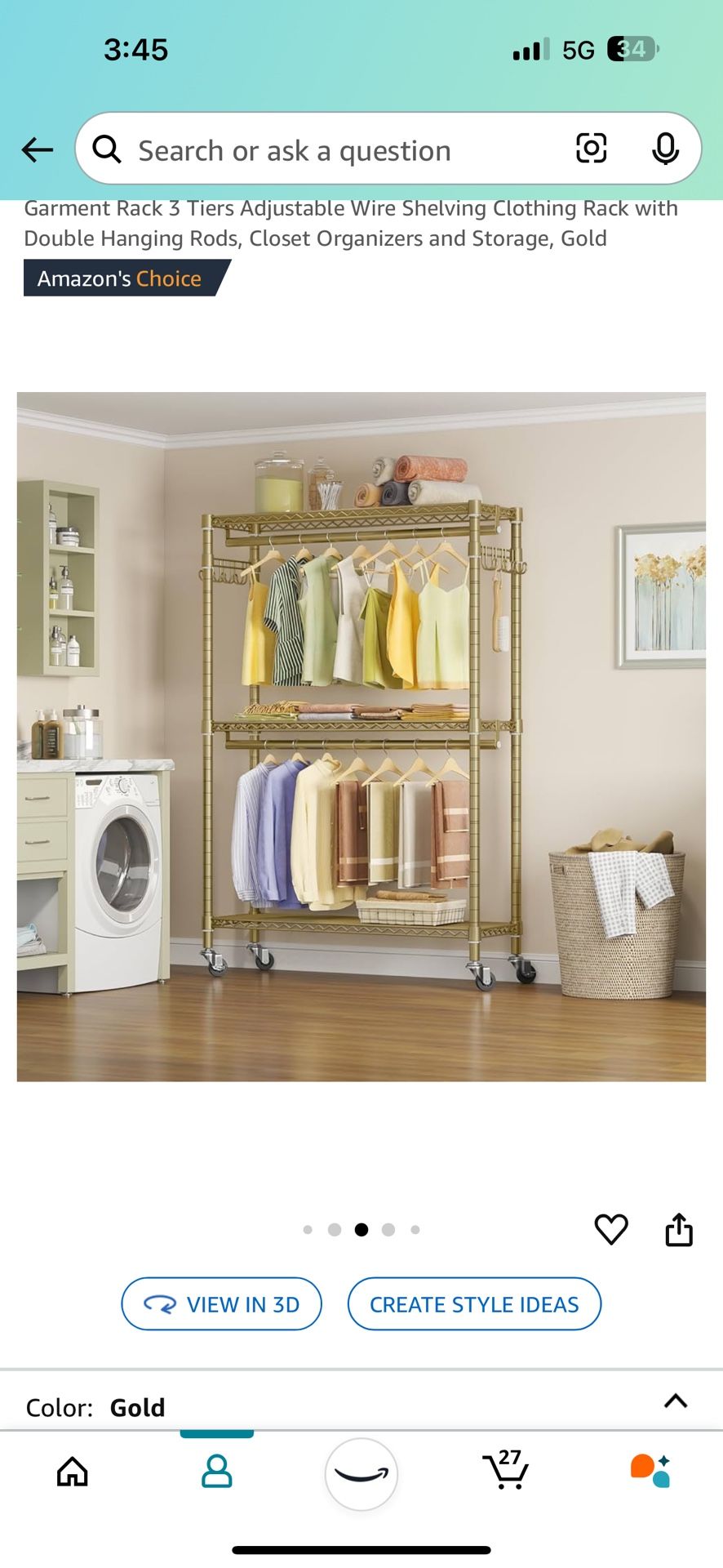 Garment Rack 3 Tiers Adjustable Wire Shelving Clothing Rack with Double Hanging Rods, Closet Organizers and Storage, Gold