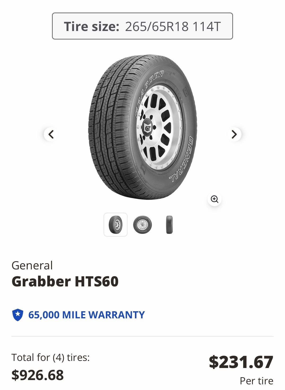 265/65R18 General Grabber tires