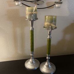 Set Of 2 Green Candle Pillars