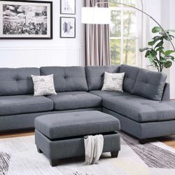 Living Room 3pcs Sectional Set W/ Storage Ottoman