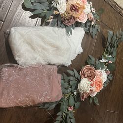 Wedding wooden arch, 2 flower swags with chiffon drapes