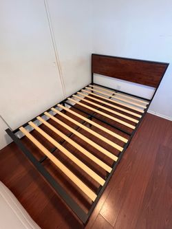 Full Size Metal Bed Frame w/ Wood Headboard & Slats