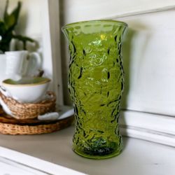 Vintage E.O. Brody Co Cleveland Crinkle Glass Vase Avocado Green 9.5in USA