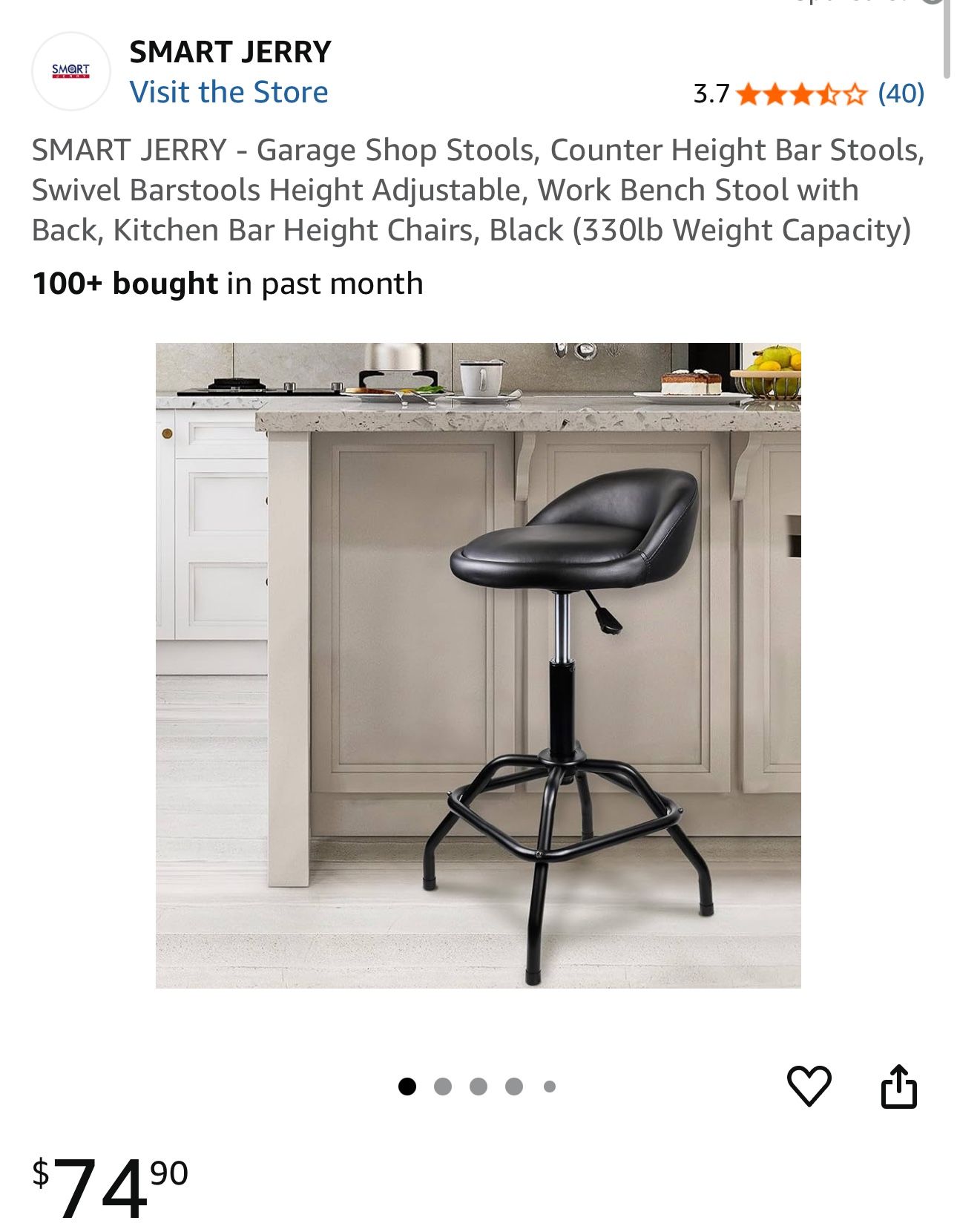 SMART JERRY - Garage Shop Stools, Counter Height Bar Stools, Swivel Barstools Height Adjustable, Work Bench Stool with Back, Kitchen Bar Height Chairs