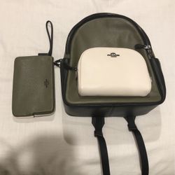 Coach Olive Green/white Backpack With Wristlet Wallet New