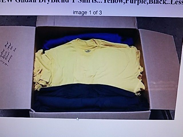 Brand new. Gildan dry blend t-shirts... Yellow purple black 164 shirts total for $150