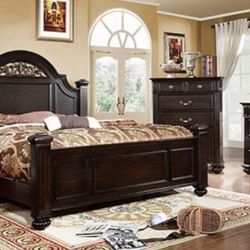Brand New Dark Walnut 4pc Queen Bedroom (Available In California & Eastern King)