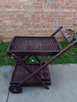 Antique Dark Brown wooden Bar Cart With Tray And 3 hole bottle/ glass holder
