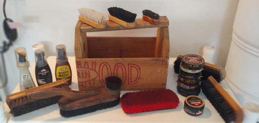 HOMEMADE WOOD SHOE SHINE BOX & CONTENTS