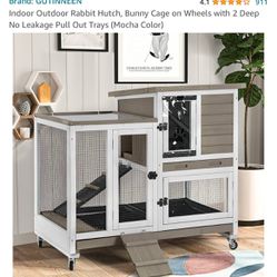 Indoor Outdoor Rabbit Hutch, Bunny Cage on Wheels with 2 Deep No Leakage Pull Out Trays (Mocha Color)