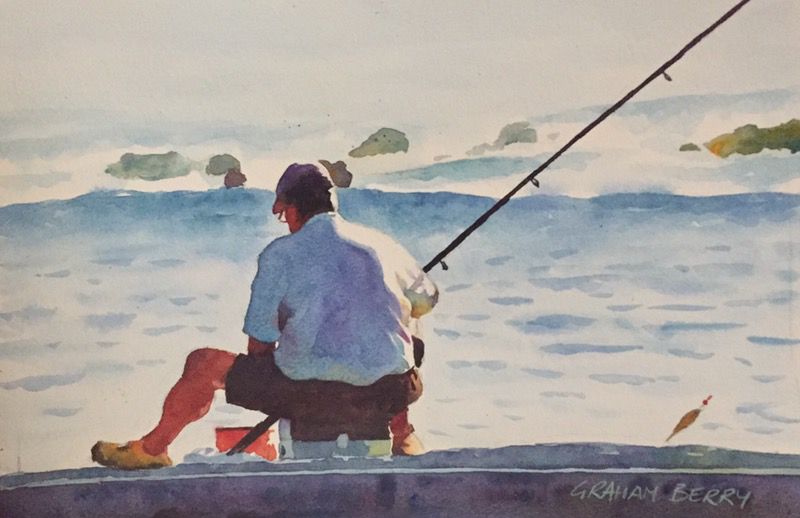 Original Hand Painted Watercolor Painting Fisherman, Man Fishing, Artist Signed