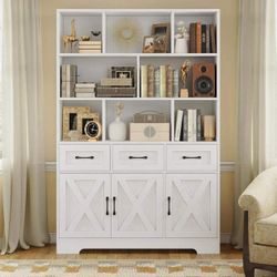 Bookshelf with Drawers & Doors, Tall Bookshelf with Storage, Bookcase with Cabinets