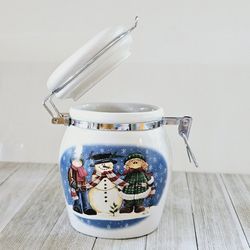 6" Snowman Holiday Winter Scene White Canister Jar With Clamp Closure Lid by DesignPac Inc. Open box, never used. 

Makes a great holiday Christmas gi