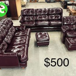 Valley Furniture Real Leather Living Room Set With Two 3 Seater Couches, Chair And 2 Ottomans