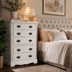 White 5‑Drawer Dresser – 53” Height, Classic Design