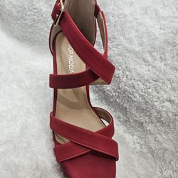 Woman's Red Heels. Platform, Soft Leather, Open Toe, Thick Heel